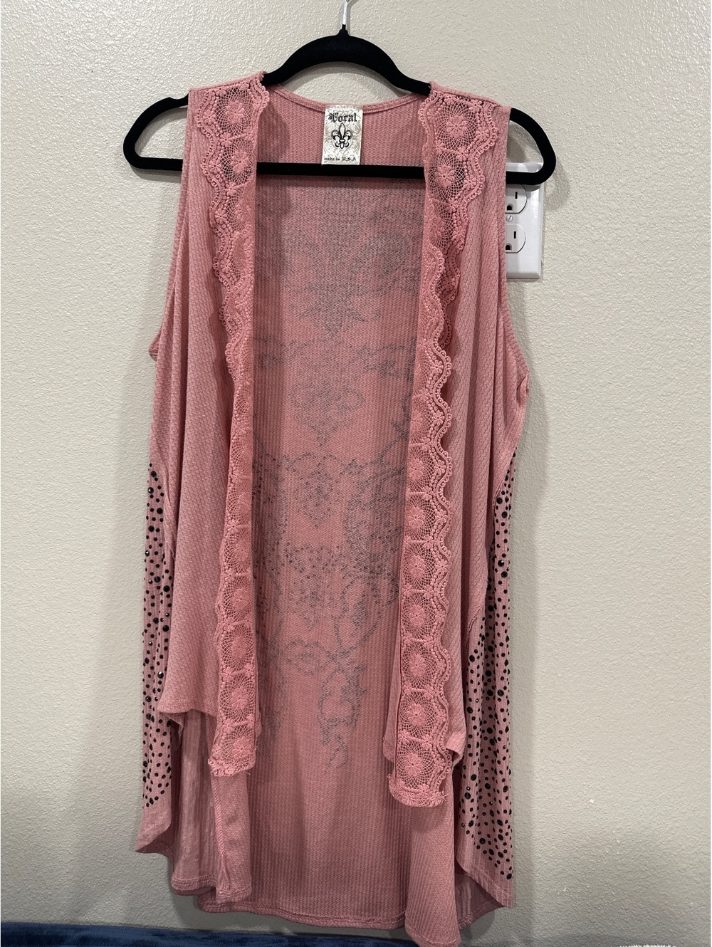 Vocal Pink Sleeveless Open Front Cardigan Vest with Lace and